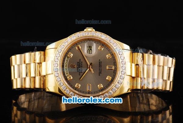 Rolex Day Date II Automatic Movement Full Gold with Diamond Bezel-Grey Dial and Diamond Markers - Click Image to Close